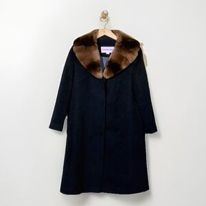 Son Jung Wan Trench Coat Wool Women's S Faux Fur Wide Collar Black Retro 60's